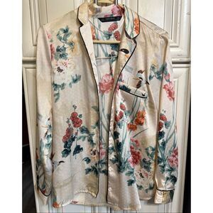 Zara Women's Oriental Japanese Garden Floral Print Satin Shirt Multicolor Small